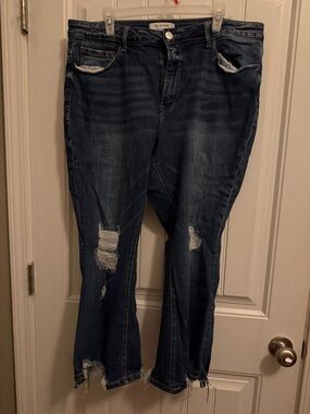 Curvy High-Rise Dark Blue Distressed Wide Leg Jeans